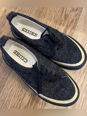 Celine Charcoal Wool Lace-Up Sneakers with Black Accents